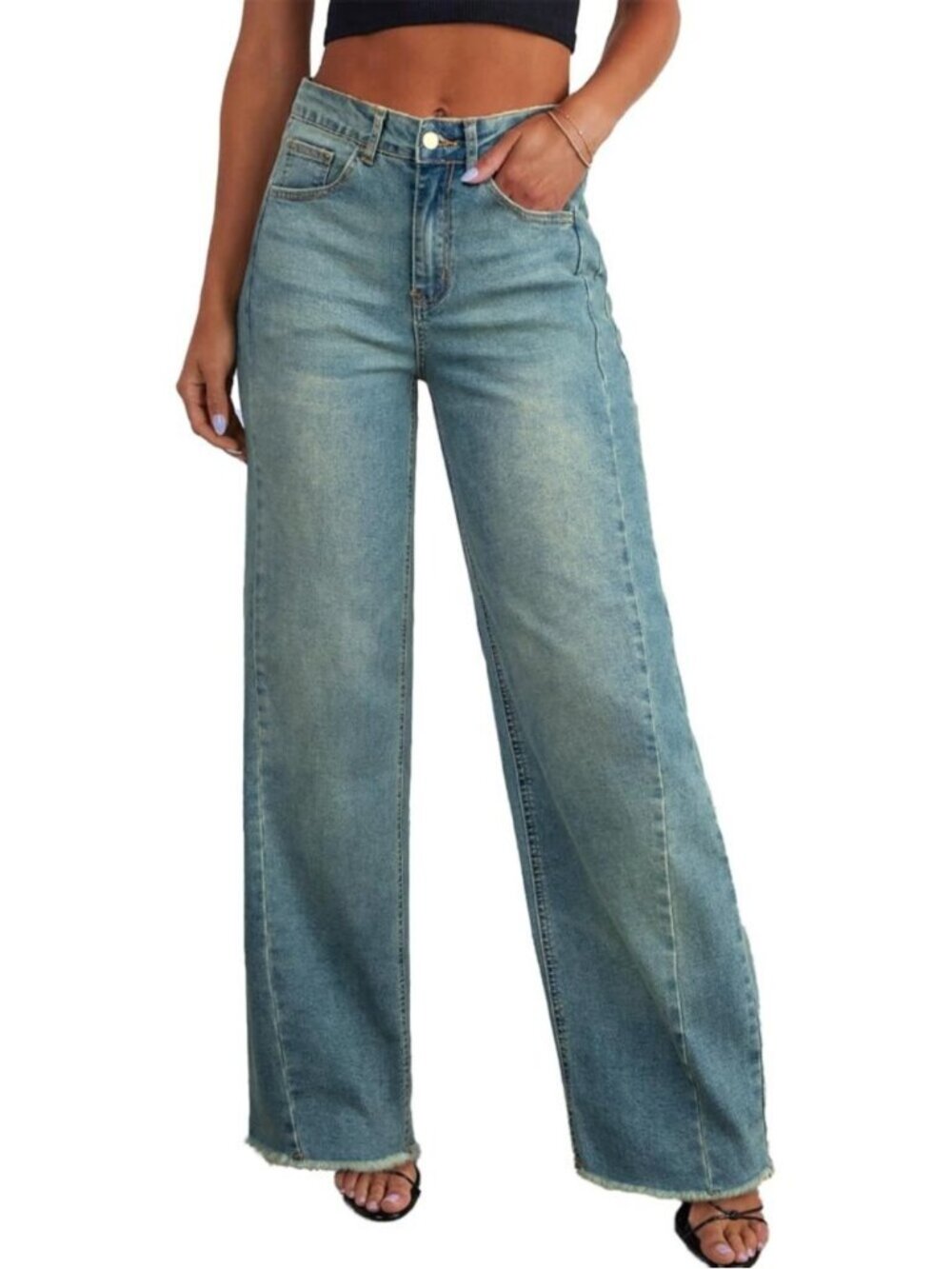 Women Light Blue Leg Jeans High Waisted Stretchy Length Side Seam Denim Pants